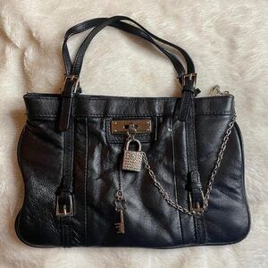 Wilsons Leather Black Leather Mini Tote with Padlock & Key Charm